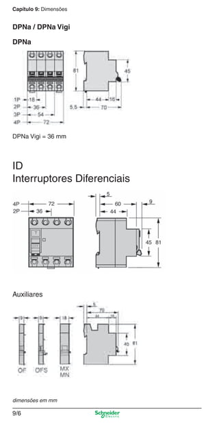 Capítulo 9: Dimensões
9/6
DPNa / DPNa Vigi
ID
Interruptores Diferenciais
DPNa
Auxiliares
DPNa Vigi = 36 mm
dimensões em mm
Cap.9.0 v2008.indd 6Cap.9.0 v2008.indd 6 9/17/08 8:34:43 PM9/17/08 8:34:43 PM
 