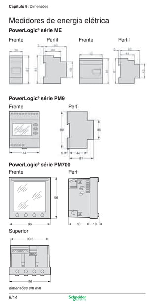 Capítulo 9: Dimensões
9/14
Medidores de energia elétrica
PowerLogic®
série ME
PowerLogic®
série PM9
PowerLogic®
série PM700
Perﬁl Frente PerﬁlFrente
PerﬁlFrente
PerﬁlFrente
Superior
dimensões em mm
Cap.9.0 v2008.indd 14Cap.9.0 v2008.indd 14 9/17/08 8:34:47 PM9/17/08 8:34:47 PM
 