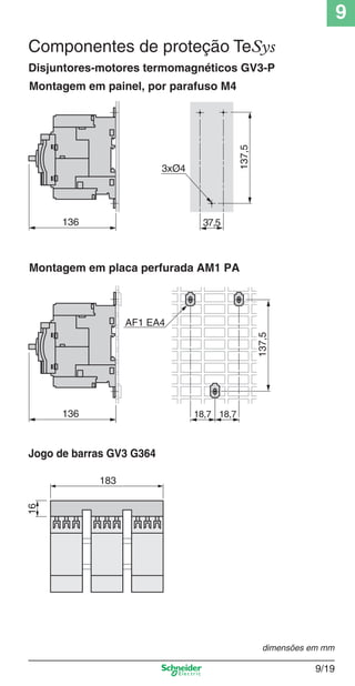 9
9/19
Montagem em painel, por parafuso M4
136
3xØ4
137,537,5
Montagem em placa perfurada AM1 PA
136 18,7 18,7
137,5
AF1 EA4
Jogo de barras GV3 G364
183
Disjuntores-motores termomagnéticos GV3-P
Componentes de proteção TeSys
dimensões em mm
Cap.9.0 v2008.indd 19Cap.9.0 v2008.indd 19 9/17/08 8:34:52 PM9/17/08 8:34:52 PM
 