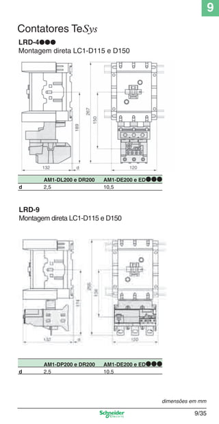 9
9/35
LRD-4●●●
Montagem direta LC1-D115 e D150
AM1-DL200 e DR200 AM1-DE200 e ED●●●
d 2,5 10,5
LRD-9
Montagem direta LC1-D115 e D150
AM1-DP200 e DR200 AM1-DE200 e ED●●●
d 2,5 10,5
dimensões em mm
Contatores TeSys
Cap.9.0 v2008.indd 35Cap.9.0 v2008.indd 35 9/17/08 8:35:00 PM9/17/08 8:35:00 PM
 