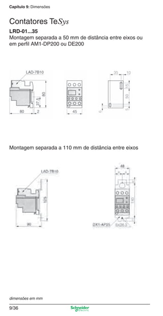 Capítulo 9: Dimensões
9/36
LRD-01...35
Montagem separada a 50 mm de distância entre eixos ou
em perﬁl AM1-DP200 ou DE200
Montagem separada a 110 mm de distância entre eixos
dimensões em mm
Contatores TeSys
Cap.9.0 v2008.indd 36Cap.9.0 v2008.indd 36 9/17/08 8:35:00 PM9/17/08 8:35:00 PM
 