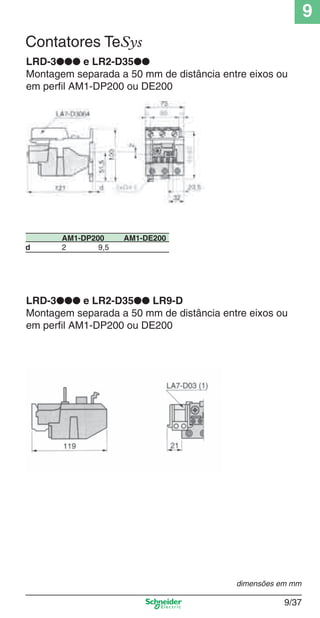 9
9/37
LRD-3●●● e LR2-D35●●
Montagem separada a 50 mm de distância entre eixos ou
em perﬁl AM1-DP200 ou DE200
AM1-DP200 AM1-DE200
d 2 9,5
LRD-3●●● e LR2-D35●● LR9-D
Montagem separada a 50 mm de distância entre eixos ou
em perﬁl AM1-DP200 ou DE200
dimensões em mm
Contatores TeSys
Cap.9.0 v2008.indd 37Cap.9.0 v2008.indd 37 9/17/08 8:35:00 PM9/17/08 8:35:00 PM
 