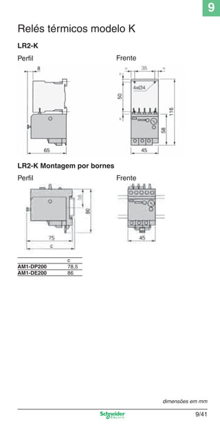9
9/41
Relés térmicos modelo K
Frente
LR2-K
Perﬁl Frente
LR2-K Montagem por bornes
Perﬁl
c
AM1-DP200 78,5
AM1-DE200 86
dimensões em mm
Cap.9.0 v2008.indd 41Cap.9.0 v2008.indd 41 9/17/08 8:35:02 PM9/17/08 8:35:02 PM
 
