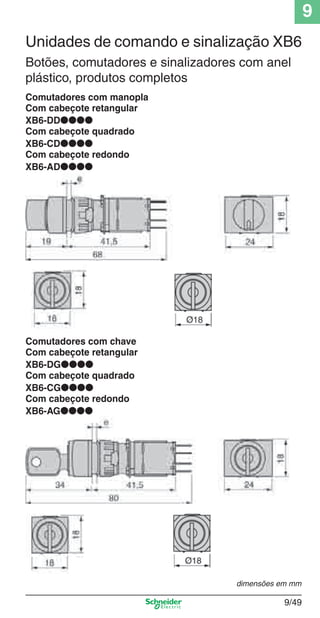 9
9/49
Botões, comutadores e sinalizadores com anel
plástico, produtos completos
Comutadores com manopla
Com cabeçote retangular
XB6-DD●●●●
Com cabeçote quadrado
XB6-CD●●●●
Com cabeçote redondo
XB6-AD●●●●
Comutadores com chave
Com cabeçote retangular
XB6-DG●●●●
Com cabeçote quadrado
XB6-CG●●●●
Com cabeçote redondo
XB6-AG●●●●
dimensões em mm
Unidades de comando e sinalização XB6
Cap.9.0 v2008.indd 49Cap.9.0 v2008.indd 49 9/17/08 8:35:08 PM9/17/08 8:35:08 PM
 
