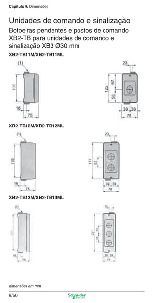 Capítulo 9: Dimensões
9/50
Unidades de comando e sinalização
Botoeiras pendentes e postos de comando
XB2-TB para unidades de comando e
sinalização XB3 Ø30 mm
XB2-TB11M/XB2-TB11ML
XB2-TB12M/XB2-TB12ML
XB2-TB13M/XB2-TB13ML
dimensões em mm
Cap.9.0 v2008.indd 50Cap.9.0 v2008.indd 50 9/17/08 8:35:09 PM9/17/08 8:35:09 PM
 