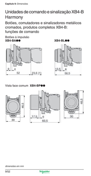 Capítulo 9: Dimensões
9/52
UnidadesdecomandoesinalizaçãoXB4-B
Harmony
Botões, comutadores e sinalizadores metálicos
cromados, produtos completos XB4-B:
funções de comando
Botões à impulsão
XB4-BA●● XB4-BL●●
Vista face comum XB4-BP●●
dimensões em mm
Cap.9.0 v2008.indd 52Cap.9.0 v2008.indd 52 9/17/08 8:35:10 PM9/17/08 8:35:10 PM
 