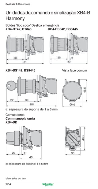 Capítulo 9: Dimensões
9/54
Botões “tipo soco” Desliga emergência
XB4-BT42, BT845 XB4-BS542, BS8445
XB4-BS142, BS9445 Vista face comum
Comutadores
Com manopla curta
XB4-BD
e: espessura do suporte de 1 a 6 mm.
UnidadesdecomandoesinalizaçãoXB4-B
Harmony
e: espessura do suporte: 1 a 6 mm
43
27 e
dimensões em mm
Cap.9.0 v2008.indd 54Cap.9.0 v2008.indd 54 9/17/08 8:35:11 PM9/17/08 8:35:11 PM
 