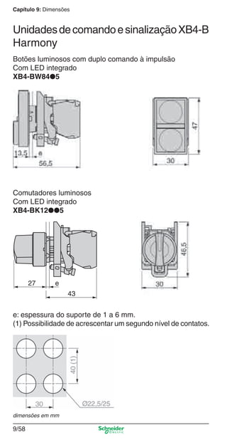 Capítulo 9: Dimensões
9/58
Botões luminosos com duplo comando à impulsão
Com LED integrado
XB4-BW84●5
Comutadores luminosos
Com LED integrado
XB4-BK12●●5
e: espessura do suporte de 1 a 6 mm.
(1) Possibilidade de acrescentar um segundo nível de contatos.
43
27 e
dimensões em mm
UnidadesdecomandoesinalizaçãoXB4-B
Harmony
Cap.9.0 v2008.indd 58Cap.9.0 v2008.indd 58 9/17/08 8:35:13 PM9/17/08 8:35:13 PM
 