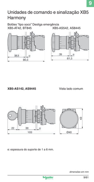 9
9/61
Botões “tipo soco” Desliga emergência
XB5-AT42, BT845 XB5-AS542, AS8445
XB5-AS142, AS9445 Vista lado comum
e: espessura do suporte de 1 a 6 mm.
dimensões em mm
Unidades de comando e sinalização XB5
Harmony
Cap.9.0 v2008.indd 61Cap.9.0 v2008.indd 61 9/17/08 8:35:14 PM9/17/08 8:35:14 PM
 