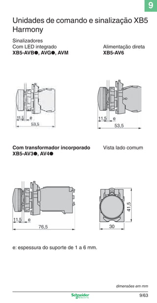9
9/63
Sinalizadores
Com LED integrado Alimentação direta
XB5-AVB●, AVG●, AVM XB5-AV6
Com transformador incorporado Vista lado comum
XB5-AV3●, AV4●
e: espessura do suporte de 1 a 6 mm.
dimensões em mm
Unidades de comando e sinalização XB5
Harmony
Cap.9.0 v2008.indd 63Cap.9.0 v2008.indd 63 9/17/08 8:35:15 PM9/17/08 8:35:15 PM
 