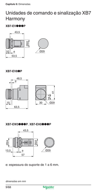 Capítulo 9: Dimensões
9/68
XB7-EV●●●P
XB7-EV8●P
XB7-EW3●●●P, XB7-EH0●●●P
e: espessura do suporte de 1 a 6 mm.
dimensões em mm
Unidades de comando e sinalização XB7
Harmony
Cap.9.0 v2008.indd 68Cap.9.0 v2008.indd 68 9/17/08 8:35:16 PM9/17/08 8:35:16 PM
 