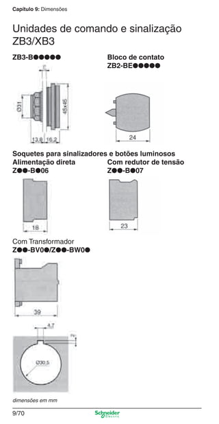 Capítulo 9: Dimensões
9/70
ZB3-B●●●●● Bloco de contato
ZB2-BE●●●●●
Soquetes para sinalizadores e botões luminosos
Alimentação direta Com redutor de tensão
Z●●-B●06 Z●●-B●07
Com Transformador
Z●●-BV0●/Z●●-BW0●
dimensões em mm
Unidades de comando e sinalização
ZB3/XB3
Cap.9.0 v2008.indd 70Cap.9.0 v2008.indd 70 9/17/08 8:35:17 PM9/17/08 8:35:17 PM
 