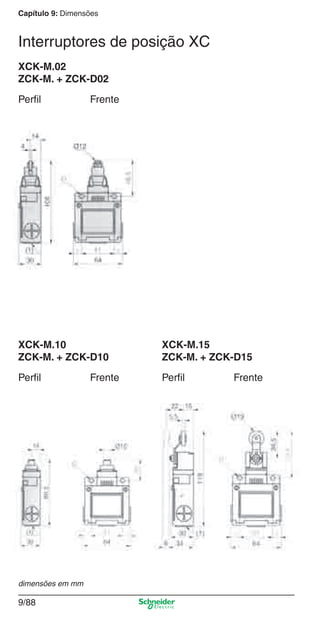 Capítulo 9: Dimensões
9/88
Frente
XCK-M.02
ZCK-M. + ZCK-D02
Perﬁl
Frente
XCK-M.10
ZCK-M. + ZCK-D10
Perﬁl Frente
XCK-M.15
ZCK-M. + ZCK-D15
Perﬁl
Interruptores de posição XC
dimensões em mm
Cap.9.1 v2008.indd 88Cap.9.1 v2008.indd 88 9/17/08 8:37:30 PM9/17/08 8:37:30 PM
 