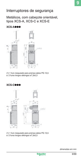 9
9/99
dimensões em mm
Interruptores de segurança
XCS-A●●●
Metálicos, com cabeçote orientável,
tipos XCS-A, XCS-C e XCS-E
XCS-C●●●
(1) 1 furo rosqueado para prensa-cabos PG 13,5
ø: 2 furos longos oblongos ø7,3x5,3
(1) 1 furo rosqueado para prensa-cabos PG 13,5
ø: 2 furos longos oblongos ø7,3x5,3
Cap.9.1 v2008.indd 99Cap.9.1 v2008.indd 99 9/17/08 8:37:36 PM9/17/08 8:37:36 PM
 