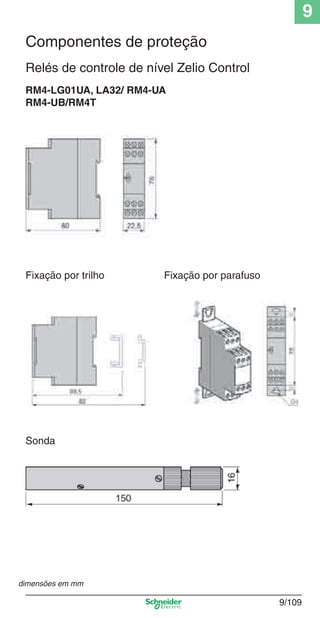 9
9/109
Relés de controle de nível Zelio Control
RM4-LG01UA, LA32/ RM4-UA
RM4-UB/RM4T
Fixação por trilho Fixação por parafuso
Sonda
dimensões em mm
Componentes de proteção
Cap.9.1 v2008.indd 109Cap.9.1 v2008.indd 109 9/17/08 8:37:40 PM9/17/08 8:37:40 PM
 