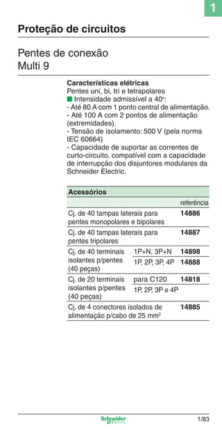 1
1/83
Pentes de conexão
Multi 9
Características elétricas
Pentes uni, bi, tri e tetrapolares
■ Intensidade admissível a 40o
:
- Até 80 A com 1 ponto central de alimentação.
- Até 100 A com 2 pontos de alimentação
(extremidades).
- Tensão de isolamento: 500 V (pela norma
IEC 60664)
- Capacidade de suportar as correntes de
curto-circuito, compatível com a capacidade
de interrupção dos disjuntores modulares da
Schneider Electric.
Proteção de circuitos
Acessórios
referência
Cj. de 40 tampas laterais para
pentes monopolares e bipolares
14886
Cj. de 40 tampas laterais para
pentes tripolares
14887
Cj. de 40 terminais
isolantes p/pentes
(40 peças)
1P+N, 3P+N 14898
1P, 2P, 3P, 4P 14888
Cj. de 20 terminais
isolantes p/pentes
(40 peças)
para C120 14818
1P, 2P, 3P e 4P
Cj. de 4 conectores isolados de
alimentação p/cabo de 25 mm2
14885
Cap.1.2 v2008.indd 83Cap.1.2 v2008.indd 83 11/18/08 5:37:55 PM11/18/08 5:37:55 PM
 