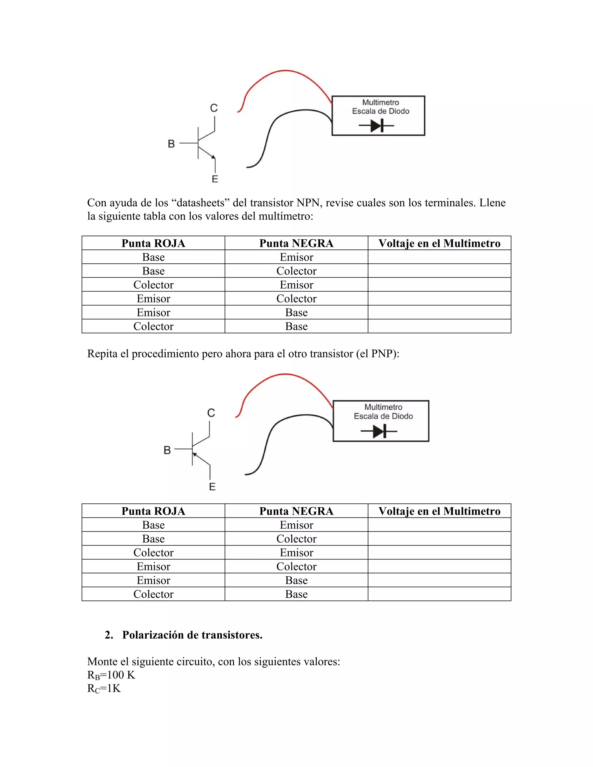 Con ayuda de los “datasheets” del transistor NPN, revise cuales son los terminales. Llene
la siguiente tabla con los valores del multímetro:

       Punta ROJA                     Punta NEGRA              Voltaje en el Multimetro
          Base                           Emisor
          Base                           Colector
         Colector                        Emisor
         Emisor                          Colector
         Emisor                           Base
         Colector                         Base

Repita el procedimiento pero ahora para el otro transistor (el PNP):




       Punta ROJA                     Punta NEGRA              Voltaje en el Multimetro
          Base                           Emisor
          Base                           Colector
         Colector                        Emisor
         Emisor                          Colector
         Emisor                           Base
         Colector                         Base


   2. Polarización de transistores.

Monte el siguiente circuito, con los siguientes valores:
RB=100 K
RC=1K
 