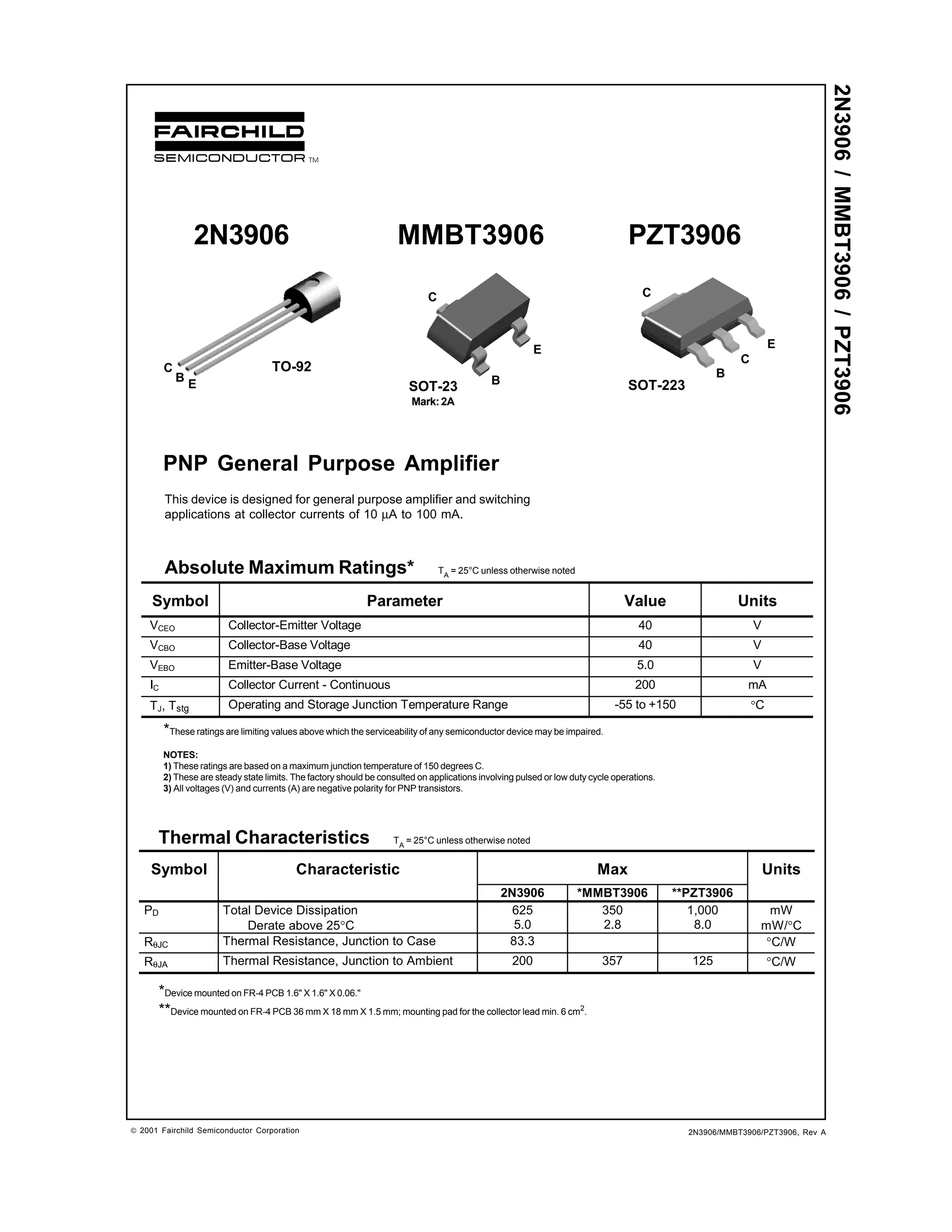2N3906 / MMBT3906 / PZT3906
                 2N3906                                              MMBT3906                                                    PZT3906

                                                                             C                                                       C



                                                                                                         E                                                        E
                                                                                                                                                         C
         C                           TO-92                                                                                                          B
             B                                                                                B
                 E                                                      SOT-23                                                   SOT-223
                                                                         Mark: 2A




         PNP General Purpose Amplifier
         This device is designed for general purpose amplifier and switching
         applications at collector currents of 10 µA to 100 mA.



         Absolute Maximum Ratings*                                               TA = 25°C unless otherwise noted


     Symbol                                                  Parameter                                                           Value                  Units
    VCEO                 Collector-Emitter Voltage                                                                                  40                       V
    VCBO                 Collector-Base Voltage                                                                                     40                       V
    VEBO                 Emitter-Base Voltage                                                                                       5.0                      V
    IC                   Collector Current - Continuous                                                                            200                     mA
    TJ, Tstg             Operating and Storage Junction Temperature Range                                                     -55 to +150                    °C

         *These ratings are limiting values above which the serviceability of any semiconductor device may be impaired.
         NOTES:
         1) These ratings are based on a maximum junction temperature of 150 degrees C.
         2) These are steady state limits. The factory should be consulted on applications involving pulsed or low duty cycle operations.
         3) All voltages (V) and currents (A) are negative polarity for PNP transistors.




      Thermal Characteristics                                       TA = 25°C unless otherwise noted


     Symbol                                Characteristic                                                                Max                                     Units
                                                                                                  2N3906            *MMBT3906               **PZT3906
   PD                   Total Device Dissipation                                                    625                350                     1,000           mW
                            Derate above 25°C                                                       5.0                2.8                      8.0           mW/°C
   RθJC                 Thermal Resistance, Junction to Case                                       83.3                                                       °C/W
   RθJA                 Thermal Resistance, Junction to Ambient                                    200                     357                125                 °C/W

       *Device mounted on FR-4 PCB 1.6" X 1.6" X 0.06."
       **Device mounted on FR-4 PCB 36 mm X 18 mm X 1.5 mm; mounting pad for the collector lead min. 6 cm2.




 2001 Fairchild Semiconductor Corporation                                                                                                    2N3906/MMBT3906/PZT3906, Rev A
 