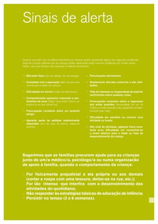 13
¬ Mal-estar físico (dor de cabeça, dor de barriga);
¬ Ansiedade com a separação (além do que seria
normal para a idade da criança);
¬ Dificuldade em dormir (medo de adormecer);
¬ Comportamento agressivo crescente e sen-
timentos de raiva (infligir maus tratos físicos a si
própria ou às/aos outras/os);
¬ Preocupação constante sobre um possível
perigo;
¬ Aparente perda de aptidões anteriormente
adquiridas (uso da casa de banho, calçar-se
sózinha).
Sinais de alerta
Sugerimos que as famílias procurem ajuda para as crianças
junto de um/a médico/a, psicólogo/a ou numa organizacão
de apoio à família, quando o comportamento da criança:
¬ For fisicamente prejudicial a ela própria ou aos demais
(cortar a roupa com uma tesoura, deitar-se na rua, etc.);
¬ For tão intenso que interfira com o desenvolvimento das
atividades do quotidiano;
¬ Não responder às estratégias básicas de educação de infância;
¬ Persistir no tempo (3 a 6 semanas).
Quando convivem com a violência doméstica as crianças podem apresentar alguns dos seguintes problemas
(importa contudo salientar que as crianças podem apresentar estes mesmos problemas por muitas outras
razões, sem que tenham sido expostas à violência doméstica).
¬ Perturbações alimentares;
¬ Afastamento dos/das outros/as e das ativi-
dades;
¬ Falta de interesse ou incapacidade de exprimir
sentimentos sobre qualquer coisa;
¬ Preocupação excessiva sobre a segurança
dos entes queridos (necessidade de ver os
irmãos ou irmãs durante o dia, perguntar constan-
temente pela mãe);
¬ Dificuldade em escolher ou concluir uma
atividade ou tarefa;
¬ Alto nível de atividade, agitação física cons-
tante e/ou dificuldade em concentrar-se
a níveis atípicos para a idade ou fase de
desenvolvimento da criança.
 