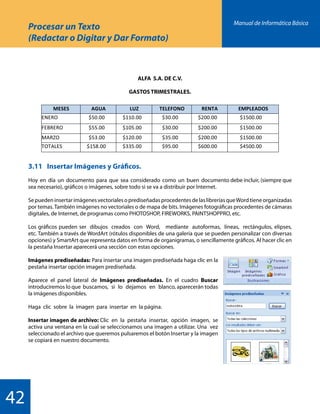 Manual de Informática Básica
42
Procesar un Texto
(Redactar o Digitar y Dar Formato)
ALFA S.A. DE C.V.
GASTOS TRIMESTRALES.
3.11 	 Insertar Imágenes y Gráficos.
Hoy en día un documento para que sea considerado como un buen documento debe incluir, (siempre que
sea necesario), gráficos o imágenes, sobre todo si se va a distribuir por Internet.
SepuedeninsertarimágenesvectorialesoprediseñadasprocedentesdelaslibreríasqueWordtieneorganizadas
por temas. También imágenes no vectoriales o de mapa de bits. Imágenes fotográficas procedentes de cámaras
digitales, de Internet, de programas como PHOTOSHOP, FIREWORKS, PAINTSHOPPRO, etc.
Los gráficos pueden ser dibujos creados con Word, mediante autoformas, líneas, rectángulos, elipses,
etc. También a través de WordArt (rótulos disponibles de una galería que se pueden personalizar con diversas
opciones) y SmartArt que representa datos en forma de organigramas, o sencillamente gráficos. Al hacer clic en
la pestaña Insertar aparecerá una sección con estas opciones.
Imágenes prediseñadas: Para insertar una imagen prediseñada haga clic en la
pestaña insertar opción imagen prediseñada.
Aparece el panel lateral de Imágenes prediseñadas. En el cuadro Buscar
introduciremos lo que buscamos, si lo dejamos en blanco, aparecerán todas
la imágenes disponibles.
Haga clic sobre la imagen para insertar en la página.
Insertar imagen de archivo: Clic en la pestaña insertar, opción imagen, se
activa una ventana en la cual se seleccionamos una imagen a utilizar. Una vez
seleccionado el archivo que queremos pulsaremos el botón Insertar y la imagen
se copiará en nuestro documento.
 