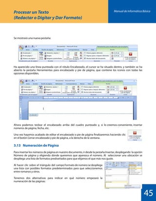Manual de Informática Básica
45
Procesar un Texto
(Redactar o Digitar y Dar Formato)
Se mostrará una nueva pestaña:
Ha aparecido una línea punteada con el rótulo Encabezado, el cursor se ha situado dentro, y también se ha
abierto la pestaña Herramientas para encabezado y pie de página, que contiene los iconos con todas las
opciones disponibles.
Ahora podemos teclear el encabezado arriba del cuadro punteado y, si lo creemos conveniente, insertar
números de página, fecha, etc.
Una vez hayamos acabado de editar el encabezado o pie de página finalizaremos haciendo clic
en el botón Cerrar encabezado y pie de página, a la derecha de la ventana.
3.13 	 Numeración de Página
Para insertar los números de página en nuestro documento, ir desde la pestaña Insertar, desplegando la opción
Número de página y eligiendo dónde queremos que aparezca el número. Al seleccionar una ubicación se
despliega una lista de formatos prediseñados para que elijamos el que más nos guste.
Al hacer clic sobre el triángulo del campo Formato de número se despliega
una lista con posibles formatos predeterminados para que seleccionemos
entre romanos y otros.
Tenemos dos alternativas para indicar en qué número empezará la
numeración de las páginas:
 