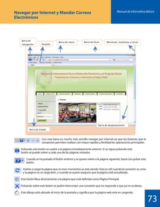 Manual de Informática Básica
73
Navegar por Internet y Mandar Correos
Electrónicos
Con esta barra es mucho más sencillo navegar por Internet ya que los botones que la
componen permiten realizar con mayor rapidez y facilidad las operaciones principales.
Pulsando este botón se vuelve a la página inmediatamente anterior. Si se sigue pulsando este
botón se puede volver a cada una de las páginas visitadas.
Cuando se ha pulsado el botón anterior y se quiere volver a la página siguiente, basta con pulsar este
botón.
Vuelve a cargar la página que en esos momentos se está viendo. Esto es útil cuando la conexión se corta
y la página no se carga bien, o cuando se quiere asegurar que la página está actualizada.
Este botón lleva directamente a la página que esté definida como Página Principal.
Pulsando sobre este botón se podrá interrumpir una conexión que no responde o que ya no se desea.
Este dibujo está ubicado al inicio de la pestaña y significa que la página web esta en cargando.
 