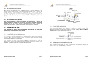 GOVERNO DO ESTADO DO ESPÍRITO SANTO
ESCOLA DE SERVIÇO PÚBLICO DO ESPÍRITO SANTO - ESESP
Microsoft EXCEL 2010 - Básico Pág. 15
1.7.2. SELECIONANDO COM O MOUSE
Para selecionar uma faixa com o mouse, você deve posicionar o cursor na célula inicial e em
seguida manter o botão esquerdo do mouse pressionado enquanto arrasta o retângulo de
seleção até a célula correspondente ao final da faixa. Enquanto o cursor vai sendo movido,
as células marcadas ficam com fundo escuro para que visualmente você tenha controle da
área selecionada. Quando chegar com o cursor na célula final, o botão do mouse deve ser
liberado.
1.7.3. SELECIONANDO COM O TECLADO
Para selecionar uma faixa de células com o teclado, você deve posicionar o retângulo de
seleção sobre a célula inicial da faixa. Em seguida, deve manter a tecla SHIFT pressionada
enquanto usa uma das teclas de seta ou de movimentação para mover o retângulo de
seleção até o final da faixa. Ao atingir essa posição, a tecla SHIFT deve ser liberada.
1.7.4. DESMARCANDO UMA FAIXA
Para desmarcar uma faixa, ou seja, retirar a seleção feita, basta dar um clique sobre
qualquer célula da planilha que não esteja marcada.
1.7.5. FORMATAÇÃO DE TEXTOS E NÚMEROS
No EXCEL 2010, pode-se mudar o tamanho e os tipos das letras, aplicar efeitos especiais
tais como negrito, itálico, sublinhado entre outros. Um texto pode ser alinhado dentro de uma
coluna à esquerda, à direita ou centralizado.
Você pode ativar um desses efeitos durante a digitação do conteúdo de uma célula, ou
posteriormente, bastando para tal selecionar a célula desejada e pressionar o botão do efeito
desejado. Você pode aplicar mais de um efeito na mesma célula.
GOVERNO DO ESTADO DO ESPÍRITO SANTO
ESCOLA DE SERVIÇO PÚBLICO DO ESPÍRITO SANTO - ESESP
Microsoft EXCEL 2010 - Básico Pág. 16
1.7.6. FORMATAÇÃO DE NÚMEROS
Além da formatação genérica que se aplica tanto a textos como a números, o EXCEL 2010
possui formatos específicos para serem aplicados a números. Na guia Página Inicial, grupo
Número estão os botões específicos para esse fim.
1.7.7. ALTERAÇÃO DA LARGURA DAS COLUNAS
Você pode alterar a largura de uma coluna aumentando ou diminuindo suas margens por
meio do uso de uma caixa de diálogo ou do mouse.
 