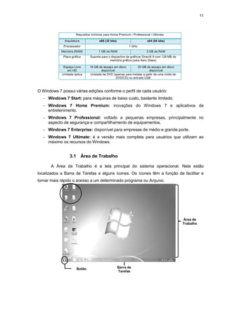 11
O Windows 7 possui várias edições conforme o perfil de cada usuário:
 Windows 7 Start: para máquinas de baixo custo, bastante limitado.
 Windows 7 Home Premium: inovações do Windows 7 e aplicativos de
entretenimento.
 Windows 7 Professional: voltado a pequenas empresas, principalmente no
aspecto de segurança e compartilhamento de equipamentos.
 Windows 7 Enterprise: disponível para empresas de médio e grande porte.
 Windows 7 Ultimate: é a versão mais completa para usuários que utilizam ao
máximo os recursos do Windows.
3.1 Área de Trabalho
A Área de Trabalho é a tela principal do sistema operacional. Nela estão
localizados a Barra de Tarefas e alguns ícones. Os ícones têm a função de facilitar e
tornar mais rápido o acesso a um determinado programa ou Arquivo.
Requisitos mínimos para Home Premium / Professional / Ultimate
Arquitetura x86 (32 bits) x64 (64 bits)
Processador 1 GHz
Memória (RAM) 1 GB de RAM 2 GB de RAM
Placa gráfica Suporte para o dispositivo de gráficos DirectX 9 com 128 MB de
memória gráfica (para Aero Glass)
Espaço Livre
em HD
16 GB de espaço em disco
disponível
20 GB de espaço em disco
disponível
Unidade óptica Unidade de DVD (apenas para instalar a partir de uma mídia de
DVD/CD) ou entrada USB
Botão
Ícones
Área de
Trabalho
Barra de
Tarefas
 