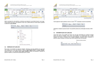 GOVERNO DO ESTADO DO ESPÍRITO SANTO
ESCOLA DE SERVIÇO PÚBLICO DO ESPÍRITO SANTO - ESESP
Microsoft EXCEL 2010 - Básico Pág. 51
Após a exclusão de uma planilha, as demais que estavam à sua direita tomam o seu lugar.
Outra maneira de excluir uma planilha é clicar com o botão direito do mouse sobre a planilha
e selecionar opção Excluir.
4.2. INSERÇÃO DE PLANILHAS
Para inserir uma planilha na pasta de trabalho, selecione uma das planilhas em cujo local
você deseja que a nova seja inserida e utilize na guia Página Inicial, no grupo Células,
clique em Inserir e em seguida opção Inserir Planilha Quando uma planilha é inserida na
pasta de trabalho, as demais são deslocadas para a direita.
GOVERNO DO ESTADO DO ESPÍRITO SANTO
ESCOLA DE SERVIÇO PÚBLICO DO ESPÍRITO SANTO - ESESP
Microsoft EXCEL 2010 - Básico Pág. 52
Outra opção de inserir planilha é clicar no ícone localizado na barra de planilhas.
Utilizando o teclado é possível inserir nova planilha através da combinação de teclas: Shift +
F11.
4.3. MOVIMENTAÇÃO DE PLANILHAS
Você pode mover uma planilha de forma que ela seja acomodada em qualquer posição
dentro da pasta de trabalho. Para mover uma planilha, é só selecioná-la com o botão
esquerdo do mouse e arrastá-la até a posição desejada. Enquanto estiver arrastando a
planilha, poderá visualizar uma seta, para onde a planilha será movimentada.
 