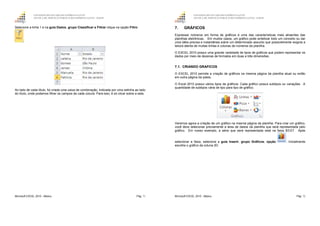 GOVERNO DO ESTADO DO ESPÍRITO SANTO
ESCOLA DE SERVIÇO PÚBLICO DO ESPÍRITO SANTO - ESESP
Microsoft EXCEL 2010 - Básico Pág. 71
Selecione a linha 1 e na guia Dados, grupo Classificar e Filtrar clique na opção Filtro
.
Ao lado de cada título, foi criada uma caixa de combinação, indicada por uma setinha ao lado
do título, onde podemos filtrar os campos de cada coluna. Para isso, é só clicar sobre a seta.
GOVERNO DO ESTADO DO ESPÍRITO SANTO
ESCOLA DE SERVIÇO PÚBLICO DO ESPÍRITO SANTO - ESESP
Microsoft EXCEL 2010 - Básico Pág. 72
7. GRÁFICOS
Expressar números em forma de gráficos é uma das características mais atraentes das
planilhas eletrônicas. Em muitos casos, um gráfico pode sintetizar todo um conceito ou dar
uma idéia precisa e instantânea sobre um determinado assunto que possivelmente exigiria a
leitura atenta de muitas linhas e colunas de números da planilha.
O EXCEL 2010 possui uma grande variedade de tipos de gráficos que podem representar os
dados por meio de dezenas de formatos em duas e três dimensões.
7.1. CRIANDO GRAFICOS
O EXCEL 2010 permite a criação de gráficos na mesma página da planilha atual ou então
em outra página da pasta.
O Excel 2010 possui vários tipos de gráficos. Cada gráfico possui subtipos ou variações. A
quantidade de subtipos vária de tipo para tipo de gráfico.
Veremos agora a criação de um gráfico na mesma página da planilha. Para criar um gráfico,
você deve selecionar previamente a área de dados da planilha que será representada pelo
gráfico. Em nosso exemplo, a série que será representada está na faixa B3:E7. Após
selecionar a faixa, selecione a guia Inserir, grupo Gráficos, opção . Inicialmente
escolha o gráfico da coluna 2D.
 