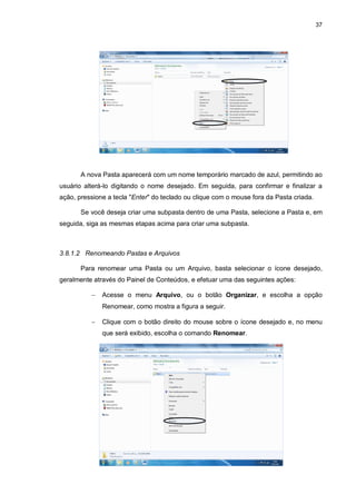 37
A nova Pasta aparecerá com um nome temporário marcado de azul, permitindo ao
usuário alterá-lo digitando o nome desejado. Em seguida, para confirmar e finalizar a
ação, pressione a tecla "Enter" do teclado ou clique com o mouse fora da Pasta criada.
Se você deseja criar uma subpasta dentro de uma Pasta, selecione a Pasta e, em
seguida, siga as mesmas etapas acima para criar uma subpasta.
3.8.1.2 Renomeando Pastas e Arquivos
Para renomear uma Pasta ou um Arquivo, basta selecionar o ícone desejado,
geralmente através do Painel de Conteúdos, e efetuar uma das seguintes ações:
 Acesse o menu Arquivo, ou o botão Organizar, e escolha a opção
Renomear, como mostra a figura a seguir.
 Clique com o botão direito do mouse sobre o ícone desejado e, no menu
que será exibido, escolha o comando Renomear.
 