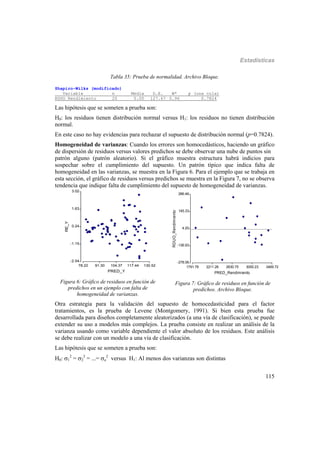 Estadísticas
115
Tabla 35: Prueba de normalidad. Archivo Bloque.
Shapiro-Wilks (modificado)
Variable n Media D.E. W* p (una cola)
RDUO_Rendimiento 20 0.00 127.67 0.96 0.7824
Las hipótesis que se someten a prueba son:
H0: los residuos tienen distribución normal versus H1: los residuos no tienen distribución
normal.
En este caso no hay evidencias para rechazar el supuesto de distribución normal (p=0.7824).
Homogeneidad de varianzas: Cuando los errores son homocedásticos, haciendo un gráfico
de dispersión de residuos versus valores predichos se debe observar una nube de puntos sin
patrón alguno (patrón aleatorio). Si el gráfico muestra estructura habrá indicios para
sospechar sobre el cumplimiento del supuesto. Un patrón típico que indica falta de
homogeneidad en las varianzas, se muestra en la Figura 6. Para el ejemplo que se trabaja en
esta sección, el gráfico de residuos versus predichos se muestra en la Figura 7, no se observa
tendencia que indique falta de cumplimiento del supuesto de homogeneidad de varianzas.
78.22 91.30 104.37 117.44 130.52
PRED_Y
-2.54
-1.15
0.24
1.63
3.02
RE_Y
Figura 6: Gráfico de residuos en función de
predichos en un ejemplo con falta de
homogeneidad de varianzas.
1791.78 2211.26 2630.75 3050.23 3469.72
PRED_Rendimiento
-278.06
-136.93
4.20
145.33
286.46
RDUO_Rendimiento
Figura 7: Gráfico de residuos en función de
predichos. Archivo Bloque.
Otra estrategia para la validación del supuesto de homocedasticidad para el factor
tratamientos, es la prueba de Levene (Montgomery, 1991). Si bien esta prueba fue
desarrollada para diseños completamente aleatorizados (a una vía de clasificación), se puede
extender su uso a modelos más complejos. La prueba consiste en realizar un análisis de la
varianza usando como variable dependiente el valor absoluto de los residuos. Este análisis
se debe realizar con un modelo a una vía de clasificación.
Las hipótesis que se someten a prueba son:
H0: 1
2
= 2
2
= ...= a
2
versus H1: Al menos dos varianzas son distintas
 