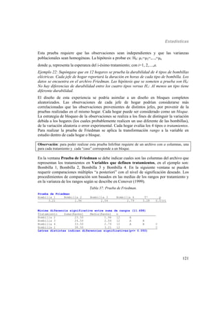 Estadísticas
121
Esta prueba requiere que las observaciones sean independientes y que las varianzas
poblacionales sean homogéneas. La hipótesis a probar es: H0: 1=2=,...,=a
donde i representa la esperanza del i-ésimo tratamiento; con i=1, 2,....,a.
Ejemplo 22: Supóngase que en 12 hogares se prueba la durabilidad de 4 tipos de bombillas
eléctricas. Cada jefe de hogar reportará la duración en horas de cada tipo de bombilla. Los
datos se encuentra en el archivo Friedman. Las hipótesis que se someten a prueba son H0:
No hay diferencias de durabilidad entre los cuatro tipos versus H1: Al menos un tipo tiene
diferente durabilidad.
El diseño de esta experiencia se podría asimilar a un diseño en bloques completos
aleatorizados. Las observaciones de cada jefe de hogar podrían considerarse más
correlacionadas que las observaciones provenientes de distintos jefes, por provenir de la
pruebas realizadas en el mismo hogar. Cada hogar puede ser considerado como un bloque.
La estrategia de bloqueo de la observaciones se realiza a los fines de distinguir la variación
debida a los hogares (los cuales probablemente realicen un uso diferente de las bombillas),
de la variación aleatoria o error experimental. Cada hogar evalúa los 4 tipos o tratamientos.
Para realizar la prueba de Friedman se aplica la transformación rango a la variable en
estudio dentro de cada hogar o bloque.
Observación: para poder realizar esta prueba InfoStat requiere de un archivo con a columnas, una
para cada tratamiento y cada “caso” corresponde a un bloque.
En la ventana Prueba de Friedman se debe indicar cuales son las columnas del archivo que
representan los tratamientos en Variables que definen tratamientos, en el ejemplo son:
Bombilla 1, Bombilla 2, Bombilla 3 y Bombilla 4. En la siguiente ventana se pueden
requerir comparaciones múltiples “a posteriori” con el nivel de significación deseado. Los
procedimientos de comparación son basados en las medias de los rangos por tratamiento y
en la varianza de los rangos según se describe en Conover (1999).
Tabla 37: Prueba de Friedman.
Prueba de Friedman
Bombilla 1 Bombilla 2 Bombilla 3 Bombilla 4 T² p
3.21 1.96 2.04 2.79 3.28 0.0331
Minima diferencia significativa entre suma de rangos (11.498)
Tratamiento Suma(Ranks) Media(Ranks) n
Bombilla 2 23.50 1.96 12 A
Bombilla 3 24.50 2.04 12 A B
Bombilla 4 33.50 2.79 12 A B C
Bombilla 1 38.50 3.21 12 C
Letras distintas indican diferencias significativas(p<= 0.050)
 