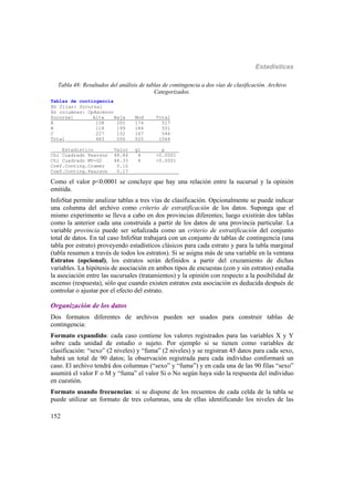 Estadísticas
152
Tabla 48: Resultados del análisis de tablas de contingencia a dos vías de clasificación. Archivo
Categorizados.
Tablas de contingencia
En filas: Sucursal
En columnas: OpAscenso
Sucursal Alta Baja Mod Total
A 138 205 174 517
B 118 199 184 501
C 227 152 167 546
Total 483 556 525 1564
Estadistico Valor gl p_____
Chi Cuadrado Pearson 48.84 4 <0.0001
Chi Cuadrado MV-G2 48.33 4 <0.0001
Coef.Conting.Cramer 0.10
Coef.Conting.Pearson 0.17 ________
Como el valor p<0.0001 se concluye que hay una relación entre la sucursal y la opinión
emitida.
InfoStat permite analizar tablas a tres vías de clasificación. Opcionalmente se puede indicar
una columna del archivo como criterio de estratificación de los datos. Suponga que el
mismo experimento se lleva a cabo en dos provincias diferentes; luego existirán dos tablas
como la anterior cada una construida a partir de los datos de una provincia particular. La
variable provincia puede ser señalizada como un criterio de estratificación del conjunto
total de datos. En tal caso InfoStat trabajará con un conjunto de tablas de contingencia (una
tabla por estrato) proveyendo estadísticos clásicos para cada estrato y para la tabla marginal
(tabla resumen a través de todos los estratos). Si se asigna más de una variable en la ventana
Estratos (opcional), los estratos serán definidos a partir del cruzamiento de dichas
variables. La hipótesis de asociación en ambos tipos de encuestas (con y sin estratos) estudia
la asociación entre las sucursales (tratamientos) y la opinión con respecto a la posibilidad de
ascenso (respuesta), sólo que cuando existen estratos esta asociación es deducida después de
controlar o ajustar por el efecto del estrato.
Organización de los datos
Dos formatos diferentes de archivos pueden ser usados para construir tablas de
contingencia:
Formato expandido: cada caso contiene los valores registrados para las variables X y Y
sobre cada unidad de estudio o sujeto. Por ejemplo si se tienen como variables de
clasificación: “sexo” (2 niveles) y “fuma” (2 niveles) y se registran 45 datos para cada sexo,
habrá un total de 90 datos; la observación registrada para cada individuo conformará un
caso. El archivo tendrá dos columnas (“sexo” y “fuma”) y en cada una de las 90 filas “sexo”
asumirá el valor F o M y “fuma” el valor Si o No según haya sido la respuesta del individuo
en cuestión.
Formato usando frecuencias: si se dispone de los recuentos de cada celda de la tabla se
puede utilizar un formato de tres columnas, una de ellas identificando los niveles de las
 