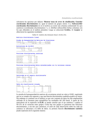 Estadística multivariada
191
solicitaron las opciones por defecto: Mostrar tasas de error de clasificación, Guardar
coordenadas discriminantes (2, igual al número de grupos menos 1) y Sobreescribir
coordenadas discriminantes (si en el archivo ya existe una columna conteniendo los ejes
canónicos (coordenadas discriminantes) 1 y 2, InfoStat sobrescribirá dichas columnas con
los ejes obtenidos en el análisis presente). Luego se seleccionó Grafico. Al Aceptar se
obtuvieron los siguientes resultados:
Tabla 53: Análisis discriminante lineal. Archivo Iris.
Análisis discriminante lineal
Prueba de Homogeneidad de Matrices de Covarianzas
Grupos N Estadístico gl p-valor
3 150 140.94 20 <0.0001
Autovalores de Inv(E)H
Autovalores % % acumulado
32.19 99.12 99.12
0.29 0.88 100.00
Funciones discriminantes canónicas
1 2
Constante -2.11 -6.66
SepalLen -0.83 0.02
SepalWid -1.53 2.16
PetalLen 2.20 -0.93
PetalWid 2.81 2.84
Funciones discriminantes-datos estandarizadas con la varianzas comunes
1 2
SepalLen -0.43 0.01
SepalWid -0.52 0.74
PetalLen 0.95 -0.40
PetalWid 0.58 0.58
Centroides en el espacio discriminante
Grupo Eje 1 Eje 2
1 -7.61 0.22
2 1.83 -0.73
3 5.78 0.51
Tabla de clasificación cruzada
Grupo 1 2 3 Total Error(%)
1 50 0 0 50 0.00
2 0 48 2 50 4.00
3 0 1 49 50 2.00
Total 50 49 51 150 2.00
La prueba de homogeneidad de matrices de covarianzas arrojó un valor p<0.001, sugiriendo
que no se cumple este supuesto y que una función discriminante cuadrática podría ser mejor.
Sin embargo se continuó con el análisis ya que este conjunto de datos ha sido ampliamente
utilizado en la literatura para ejemplificar los resultados del AD lineal. A partir de los
autovalores de la expresión inv(E)H, se puede concluir que el eje canónico 1 explica el
99.12% de la variación entre grupos. Como hay tres grupos se generaron dos funciones
discriminantes, o sea dos ejes canónicos, el valor de cada observación sobre los cada eje
canónico se adicionan a la tabla de datos. La primera función discriminante canónica
puede expresarse de la siguiente manera:
 