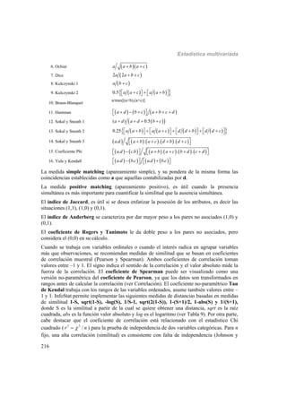 Estadística multivariada
216
6. Ochiai   a a b a c 
7. Dice  2 2a a b c 
8. Kulczynski 1  a b c
9. Kulczynski 2     0.5 a a c a a b        
10. Braun-Blanquet
a/max[(a+b),(a+c)]
11. Hamman      a d b c a b c d       
12. Sokal y Sneath 1   ( ) 0.5a d a d b c   
13. Sokal y Sneath 2         0.25 a a b a a c d d b d d c                    
14. Sokal y Sneath 3          . . . .a d a b a c d b d c     
15. Coeficiente Phi            . . . . .a d c b a b a c b d c d          
16. Yule y Kendall        . . . .a d b c a d b c       
La medida simple matching (apareamiento simple), y su pondera de la misma forma las
coincidencias establecidas como a que aquellas contabilizadas por d.
La medida positive matching (apareamiento positivo), es útil cuando la presencia
simultánea es más importante para cuantificar la similitud que la ausencia simultánea.
El índice de Jaccard, es útil si se desea enfatizar la posesión de los atributos, es decir las
situaciones (1,1), (1,0) y (0,1).
El índice de Anderberg se caracteriza por dar mayor peso a los pares no asociados (1,0) y
(0,1).
El coeficiente de Rogers y Tanimoto le da doble peso a los pares no asociados, pero
considera el (0,0) en su cálculo.
Cuando se trabaja con variables ordinales o cuando el interés radica en agrupar variables
más que observaciones, se recomiendan medidas de similitud que se basan en coeficientes
de correlación muestral (Pearson y Spearman). Ambos coeficientes de correlación toman
valores entre –1 y 1. El signo indica el sentido de la correlación y el valor absoluto mide la
fuerza de la correlación. El coeficiente de Spearman puede ser visualizado como una
versión no-paramétrica del coeficiente de Pearson, ya que los datos son transformados en
rangos antes de calcular la correlación (ver Correlación). El coeficiente no-paramétrico Tau
de Kendal trabaja con los rangos de las variables ordenados, asume también valores entre –
1 y 1. InfoStat permite implementar las siguientes medidas de distancias basadas en medidas
de similitud 1-S, sqrt(1-S), -log(S), 1/S-1, sqrt(2(1-S)), 1-(S+1)/2, 1-abs(S) y 1/(S+1),
donde S es la similitud a partir de la cual se quiere obtener una distancia, sqrt es la raíz
cuadrada, abs es la función valor absoluto y log es el logaritmo (ver Tabla 9). Por otra parte,
cabe destacar que el coeficiente de correlación está relacionado con el estadístico Chi
cuadrado ( 2 2
/r n ) para la prueba de independencia de dos variables categóricas. Para n
fijo, una alta correlación (similitud) es consistente con falta de independencia (Johnson y
 