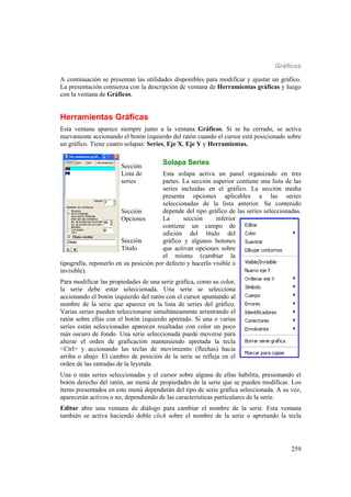 Gráficos
259
A continuación se presentan las utilidades disponibles para modificar y ajustar un gráfico.
La presentación comienza con la descripción de ventana de Herramientas gráficas y luego
con la ventana de Gráficos.
Herramientas Gráficas
Esta ventana aparece siempre junto a la ventana Gráficos. Si se ha cerrado, se activa
nuevamente accionando el botón izquierdo del ratón cuando el cursor está posicionado sobre
un gráfico. Tiene cuatro solapas: Series, Eje X, Eje Y y Herramientas.
Solapa Series
Esta solapa activa un panel organizado en tres
partes. La sección superior contiene una lista de las
series incluidas en el gráfico. La sección media
presenta opciones aplicables a las series
seleccionadas de la lista anterior. Su contenido
depende del tipo gráfico de las series seleccionadas.
La sección inferior
contiene un campo de
edición del título del
gráfico y algunos botones
que activan opciones sobre
el mismo (cambiar la
tipografía, reponerlo en su posición por defecto y hacerlo visible o
invisible).
Para modificar las propiedades de una serie gráfica, como su color,
la serie debe estar seleccionada. Una serie se selecciona
accionando el botón izquierdo del ratón con el cursor apuntando al
nombre de la serie que aparece en la lista de series del gráfico.
Varias series pueden seleccionarse simultáneamente arrastrando el
ratón sobre ellas con el botón izquierdo apretado. Si una o varias
series están seleccionadas aparecen resaltadas con color un poco
más oscuro de fondo. Una serie seleccionada puede moverse para
alterar el orden de graficación manteniendo apretada la tecla
<Ctrl> y accionando las teclas de movimiento (flechas) hacia
arriba o abajo. El cambio de posición de la serie se refleja en el
orden de las entradas de la leyenda.
Una o más series seleccionadas y el cursor sobre alguna de ellas habilita, presionando el
botón derecho del ratón, un menú de propiedades de la serie que se pueden modificar. Los
ítems presentados en este menú dependerán del tipo de serie gráfica seleccionada. A su vez,
aparecerán activos o no, dependiendo de las características particulares de la serie.
Editar abre una ventana de diálogo para cambiar el nombre de la serie. Esta ventana
también se activa haciendo doble click sobre el nombre de la serie o apretando la tecla
Sección
Lista de
series
Sección
Opciones
Sección
Título
 
