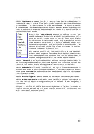 Gráficos
261
El ítem Identificadores activa y desactiva la visualización de rótulos que identifican a los
elementos de las series gráficas. Estos rótulos pueden contener la coordenada del elemento
gráfico en el eje Y, su coordenada en el eje X, las coordenadas (X,Y), el número de caso que
el ítem representa (si es pertinente) o contener un rótulo arbitrario. Algunas técnicas gráficas
como los diagramas de dispersión, permiten asociar una columna de la tabla de datos con los
rótulos que se quieren mostrar.
Bajo el ítem Identificadores, también se incluyen opciones para
modificar el aspecto de los rótulos. Cualquier rotulo visible en un gráfico
puede ser movido o editado dentro del gráfico. Cuando alguna de estas
dos cosas ocurre, el rotulo queda “tocado”. Bajo esta condición el rótulo
queda anclado al lugar al que se lo movió o permanece anclado en el
lugar donde fue editado. Luego, si el gráfico es redimensionado, o se
cambian las escalas de los ejes, estos “rótulos modificados” se “mueven”
de manera ligeramente diferente del resto.
Para volverlos a su posición y contenido por defecto, se debe seleccionar
el rótulo dentro del gráfico apretando el botón izquierdo del ratón con el
cursor apuntándolo y luego accionar el ítem Reset que aparece al final de
un menú desplegable que se activa con el botón derecho del ratón.
El ítem Conectores se utiliza para hacer visible o invisibles líneas que unen los cuerpos de
los elementos gráficos de una serie (conectores). Bajo este menú también hay opciones para
cambiar el color, espesor, relleno (trama) y plano de visualización de los conectores.
El ítem Envolventes hace visible o invisible una clase especial de conectores que une los
extremos de la barras de error y permiten crear bandas de confianza o predicción. Al igual
que el ítem Conectores, este menú tiene opciones para mejorar el aspecto de los conectores
como el color y el espesor.
El ítem Borrar serie gráfica permite eliminar una o más series seleccionadas previamente.
El ítem Marcar para copiar se utiliza para copiar series de un gráfico y superponerlas en
otro a los fines de observar el comportamiento de dos variables. Se dará un ejemplo a
continuación.
Ejemplo 47: Los datos del archivo Base1.idb corresponden a la Encuesta Permanente de
Hogares realizada por el INDEC en el primer trimestre del año 2006. Utilizando el archivo
Base1.idb se obtuvo el siguiente gráfico:
 