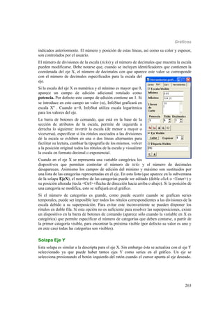 Gráficos
263
indicados anteriormente. El número y posición de estas líneas, así como su color y espesor,
son controlados por el usuario.
El número de divisiones de la escala (ticks) y el número de decimales que muestra la escala
pueden modificarse. Debe notarse que, cuando se incluyen identificadores que contienen la
coordenada del eje X, el número de decimales con que aparece este valor se corresponde
con el número de decimales especificados para la escala del
eje.
Si la escala del eje X es numérica y el mínimo es mayor que 0,
aparece un campo de edición adicional rotulado como
potencia. Por defecto este campo de edición contiene un 1. Si
se introduce en este campo un valor (), InfoStat graficará en
escala X
. Cuando =0, InfoStat utiliza escala logarítmica
para los valores del eje.
La barra de botones de comando, que está en la base de la
sección de atributos de la escala, permite de izquierda a
derecha lo siguiente: invertir la escala (de menor a mayor o
viceversa), especificar si los rótulos asociados a las divisiones
de la escala se exhiben en una o dos líneas alternantes para
facilitar su lectura, cambiar la tipografía de los mismos, volver
a la posición original todos los rótulos de la escala y visualizar
la escala en formato decimal o exponencial.
Cuando en el eje X se representa una variable categórica los
dispositivos que permiten controlar el número de ticks y el número de decimales
desaparecen. Asimismo los campos de edición del mínimo y máximo son sustituidos por
una lista de las categorías representadas en el eje. En esta lista (que aparece en la subventana
de la solapa EjeX), el nombre de las categorías puede ser editado (doble click o <Enter>) y
su posición alterada (tecla <Ctrl>+flecha de dirección hacia arriba o abajo). Si la posición de
una categoría se modifica, esto se reflejará en el gráfico.
Si el número de categorías es grande, como puede ocurrir cuando se grafican series
temporales, puede ser imposible leer todos los rótulos correspondientes a las divisiones de la
escala debido a su superposición. Para evitar este inconveniente se pueden disponer los
rótulos en doble fila. Si esta opción no es suficiente para resolver las superposiciones, existe
un dispositivo en la barra de botones de comando (aparece sólo cuando la variable en X es
categórica) que permite especificar el número de categorías que deben contarse, a partir de
la primer categoría visible, para encontrar la próxima visible (por defecto su valor es uno y
en este caso todas las categorías son visibles).
Solapa Eje Y
Esta solapa es similar a la descripta para el eje X. Sin embargo ésta se actualiza con el eje Y
seleccionado ya que puede haber tantos ejes Y como series en el gráfico. Un eje se
selecciona presionando el botón izquierdo del ratón cuando el cursor apunta al eje deseado.
 
