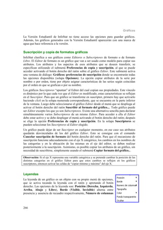 Gráficos
266
La Versión Estudiantil de InfoStat no tiene acceso las opciones para guardar gráficos.
Además, los gráficos generados con la Versión Estudiantil aparecerán con una marca de
agua que hace referencia a la versión.
Suscripción y copia de formatos gráficos
InfoStat clasifica a sus gráficos como Editores o Subscriptores de formato o de formato
Libre. El Editor de formato es un gráfico que van a ser usado como modelo para copiar sus
atributos. Los atributos y los aspectos de esos atributos que se deseen transferir, se
especifican utilizando el submenú Preferencias de copia y suscripción, al que se puede
acceder activando el botón derecho del ratón sobre el gráfico Editor. Este submenú activa
una ventana de diálogo: Gráficos: preferencias de suscripción donde se encontrarán todas
las opciones disponibles (solapa Opciones). La opción copiar atributos de la serie por
nombre o por orden, tiene por objeto asignar características de las series según coincidan
por el orden en que se grafican o por su nombre.
Los gráficos Suscriptores “apuntan” al Editor del cual copian sus propiedades. Este vínculo
es dinámico por lo que cada vez que el Editor es modificado, estas características se reflejan
en el Suscriptor. Para que un gráfico se transforme en suscriptor, primero hay que activarlo
haciendo click en la solapa numerada correspondiente, que se encuentra en la parte inferior
de la ventana. Luego debe seleccionarse el gráfico Editor desde el menú que se despliega al
activar el botón derecho del ratón Suscribir al formato del gráfico.... Todo gráfico puede
ser Editor excepto los que ya son Subscriptores. Existe una alternativa sencilla para declarar
simultáneamente varios Subscriptores de un mismo Editor. Para acceder a ella el Editor
debe estar activo y se debe desplegar el menú activando el botón derecho del ratón; después
se elige la opción Preferencias de copia y suscripción. En la solapa Suscriptores se
pueden seleccionar los Suscriptores al Editor elegido.
Un gráfico puede dejar de ser Suscriptor en cualquier momento, en ese caso sus atributos
quedarán desvinculados de los del gráfico Editor. Esto se consigue con el comando
Cancelar suscripción de formato del botón derecho del ratón. Para que el mecanismo de
suscripción funcione adecuadamente con el eje X categórico, los cambios en los nombres de
las categorías y en la ubicación de las mismas en el eje del editor, se deben realizar
posteriormente a la suscripción. Asimismo, es posible copiar los atributos de un gráfico, sin
necesidad de suscribirse, simplemente usando el submenú Copiar formato del gráfico...
Observación: Si el eje X representa una variable categórica y se pretende cambiar la posición de las
distintas categorías en el gráfico Editor para que estos cambios se reflejen en los gráficos
suscriptores, entonces activar las celdas de “copiar mínimo y máximo” del eje X.
Leyendas
La leyenda de un gráfico es un objeto con su propio menú de opciones,
que se activa tocando la leyenda con el ratón y apretando el botón
derecho. Las opciones de la leyenda son: Posición (Derecha, Izquierda,
Arriba, Abajo y Libre), Borde (Visible, Invisible) alterna entre
presencia y ausencia de recuadro respectivamente, Número de columnas
 
