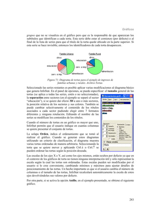 Gráficos
283
grupos que no se visualiza en el gráfico pero que es la responsable de que aparezcan los
subtítulos que identifican a cada torta. Esta serie debe estar al comienzo (por defecto) o al
final de la lista de series para que el título de la torta quede ubicado en la parte superior. Si
esta serie se hace invisible, entonces los identificadores de cada torta desaparecen.
Figura 71: Diagrama de tortas para el ejemplo de ingresos de
familias urbanas y rurales. Archivo Tortas.
Seleccionado las series restantes es posible aplicar varias modificaciones al diagrama básico
que genera InfoStat. En el panel de opciones, se puede especificar: el tamaño general de las
tortas (se aplica a todas las series, estén o no seleccionadas),
la separación entre sectores (en el ejemplo se separó el sector
“educación”), si se quiere dar efecto 3D a uno o más sectores,
la posición relativa de los sectores y sus colores. También se
puede cambiar selectivamente el contenido de los rótulos
asociados a cada sector pudiendo elegir entre 7 formatos
diferentes y ninguna rotulación. Editando el nombre de las
series se modifican los contenidos de los rótulos.
Cuando el número de tortas en un gráfico es mayor que uno,
InfoStat permite que el usuario indique en cuantas columnas
se quiere presentar el conjunto de tortas.
La solapa Orden, indica el ordenamiento que se tomó al
realizar el gráfico. Cuando se generan estos diagramas
utilizando un criterio de clasificación, el diagrama muestra
varias tortas ordenadas de manera arbitraria. Seleccionando la
torta que se quiere mover y aplicando Ctrl. o Ctrl. se
pueden ordenar las tortas según la posición deseada.
Las escalas de los ejes X e Y, así como los ejes mismos, están ocultos por defecto ya que en
el contexto de los gráficos de torta no tienen ninguna interpretación útil y sólo representan la
escala según la cual las tortas son ordenadas. Estas escalas pueden ser modificadas por el
usuario si lo cree conveniente, cambiando mínimos y máximos para ajustar detalles de
posicionamiento de las tortas. Un hecho importante es que si el usuario cambia el número de
columnas o el tamaño de las tortas, InfoStat recalculará automáticamente la escala de estos
ejes devolviéndoles sus valores por defecto.
Por otra parte, si se activa la opción Anillo, en el ejemplo presentado, se obtiene el siguiente
gráfico.
 