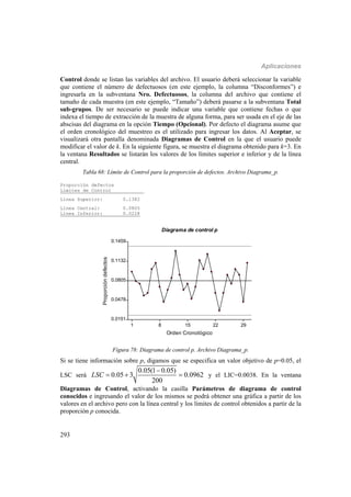 Aplicaciones
293
Control donde se listan las variables del archivo. El usuario deberá seleccionar la variable
que contiene el número de defectuosos (en este ejemplo, la columna “Disconformes”) e
ingresarla en la subventana Nro. Defectuosos, la columna del archivo que contiene el
tamaño de cada muestra (en este ejemplo, “Tamaño”) deberá pasarse a la subventana Total
sub-grupos. De ser necesario se puede indicar una variable que contiene fechas o que
indexa el tiempo de extracción de la muestra de alguna forma, para ser usada en el eje de las
abscisas del diagrama en la opción Tiempo (Opcional). Por defecto el diagrama asume que
el orden cronológico del muestreo es el utilizado para ingresar los datos. Al Aceptar, se
visualizará otra pantalla denominada Diagramas de Control en la que el usuario puede
modificar el valor de k. En la siguiente figura, se muestra el diagrama obtenido para k=3. En
la ventana Resultados se listarán los valores de los límites superior e inferior y de la línea
central.
Tabla 68: Límite de Control para la proporción de defectos. Archivo Diagrama_p.
Proporción defectos
Límites de Control
Línea Superior: 0.1382
Línea Central: 0.0805
Línea Inferior: 0.0228
1 8 15 22 29
Orden Cronológico
0.0151
0.0478
0.0805
0.1132
0.1459
Proporcióndefectos
Diagrama de control p
Figura 78: Diagrama de control p. Archivo Diagrama_p.
Si se tiene información sobre p, digamos que se especifica un valor objetivo de p=0.05, el
LSC será
0.05(1 0.05)
0.05 3 0.0962
200
LSC

   y el LIC=0.0038. En la ventana
Diagramas de Control, activando la casilla Parámetros de diagrama de control
conocidos e ingresando el valor de los mismos se podrá obtener una gráfica a partir de los
valores en el archivo pero con la línea central y los límites de control obtenidos a partir de la
proporción p conocida.
 