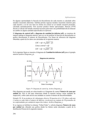 Aplicaciones
294
En algunas oportunidades la fracción de disconformes de cada muestra es calculada sobre
tamaños muestrales diferentes. InfoStat permite ingresar tamaños muestrales distintos para
cada muestra y en tal caso basa los límites de control en un tamaño muestral promedio,
calculado automáticamente. Este accionar produce límites aproximados. Duncan (1974)
discute el cálculo del tamaño muestral necesario para tener una probabilidad alta de detectar
un cambio en alguna cantidad especificada en el proceso.
El diagrama de control (nP) o diagrama de cantidad de defectos (nP), se construye de
manera análoga al diagrama anterior, pero en vez de graficar la fracción de disconformes se
grafica directamente el número de disconformes. Las líneas de referencia del diagrama
obtenidas a partir de los datos son calculadas de la siguiente manera:
ˆ ˆ ˆ(1 )
ˆ
ˆ ˆ ˆ(1 )
LSC np k np p
Linea central np
LIC np k np p
  

  
En la siguiente figura se muestra el diagrama de Cantidad de defectos (nP) para el ejemplo
anterior (archivo Diagrama_p).
1 8 15 22 29
Orden Cronológico
3.0182
9.5591
16.1000
22.6409
29.1818
Cantidaddefectos
Diagrama de control np
Figura 79: Diagrama de control np. Archivo Diagrama_p.
Otro diagrama que puede ser seleccionado es el diagrama de control Número de casos por
unidad (c). Este es útil para situaciones donde la muestra incluye varias unidades de
inspección y sobre cada una de esas unidades se cuenta el número de disconformidades.
Ejemplo 50: Si un productor de videojuegos observa 50 muestras de n=10 videos cada una
y cuenta en cada video el número de defectos, recolectará un conjunto de 50 promedios de
no conformidades por unidad de inspección (video). Archivo Diagrama_c.
Si se ingresa en InfoStat la columna “Fallas/Video” y solicita diagrama Número de casos
por unidad (c), obtendrá una gráfica donde los límites serán calculados a partir de la
distribución Poisson de la siguiente manera:
 