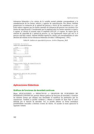 Aplicaciones
302
tolerancias bilaterales a los valores de la variable normal estándar correspondiente a la
estandarización de los límites inferior y superior de especificación. Por último, InfoStat
proporciona la evaluación de la aptitud del proceso a través de las estadísticas cp y cpk.
Estos índices suponen que los límites naturales de tolerancia del proceso son cercanos a los
límites de especificación. Considerando que la amplitud entre los límites naturales es igual a
6 sigmas, se calcula el cociente entre la amplitud LSE-LIE y 6 sigmas. Se espera que la
relación de capacidad de o aptitud de proceso, cp, sea ligeramente mayor que uno si el
proceso está bajo control. Además InfoStat reporta los valores cpk correspondientes al valor
absoluto del mínimo de las tolerancias bilaterales dividido 3 (Montgomery, 1991).
Tabla 69: Análisis de capacidad de proceso. Archivo Diagrama_MyR.
Diagramas de Control
Análisis de la capacidad del proceso
Item Valor
Media: 74.00
Desv.est.: 0.01
LEI: 73.97
LES: 74.03
Tolerancias bilaterales
Item Valor
Zinf: -3.22
Zsup: 3.01
Proporciones fuera de especificación
Item Valor
Inferior: 0.0006
Superior: 0.0013
Total: 0.0020
Evaluación aptitud del proceso
Item Valor
cp 1.04
cpk 1.00
Aplicaciones Didácticas
Gráficos de funciones de densidad continuas
Menú APLICACIONES  DIDACTICAS  GRAFICOS DE FUNCIONES DE
DENSIDAD CONTINUAS, permite obtener gráficos de funciones de densidad y visualizar
las distintas formas que adoptan esas densidades al modificar los parámetros que las
caracterizan. También es posible sombrear y obtener el tamaño de áreas bajo la curva
definida por la función de densidad. Así, es posible obtener en forma automática
probabilidades asociadas a distintos eventos de interés. Al acceder al menú aparecerá la
siguiente ventana:
 