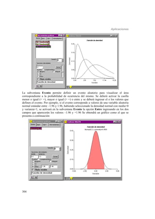 Aplicaciones
304
La subventana Evento permite definir un evento aleatorio para visualizar el área
correspondiente a la probabilidad de ocurrencia del mismo. Se deberá activar la casilla
menor o igual (< =), mayor o igual (> =) o entre y se deberá ingresar el o los valores que
definen el evento. Por ejemplo, si el evento corresponde a valores de una variable aleatoria
normal estándar entre –1.96 y 1.96, habiendo seleccionado la densidad normal con media=0
y varianza=1, se activará en la subventana Evento la opción Entre ingresando en los dos
campos que aparecerán los valores –1.96 y +1.96 Se obtendrá un gráfico como el que se
presenta a continuación:
 