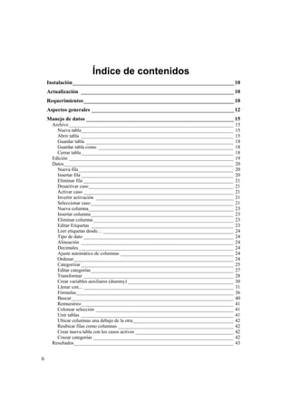 6
Índice de contenidos
Instalación____________________________________________________________10
Actualización _________________________________________________________10
Requerimientos________________________________________________________10
Aspectos generales _____________________________________________________12
Manejo de datos _______________________________________________________15
Archivo___________________________________________________________________ 15
Nueva tabla______________________________________________________________ 15
Abrir tabla ______________________________________________________________ 15
Guardar tabla ____________________________________________________________ 18
Guardar tabla como _______________________________________________________ 18
Cerrar tabla______________________________________________________________ 18
Edición ___________________________________________________________________ 19
Datos_____________________________________________________________________ 20
Nueva fila_______________________________________________________________ 20
Insertar fila ______________________________________________________________ 20
Eliminar fila _____________________________________________________________ 21
Desactivar caso___________________________________________________________ 21
Activar caso _____________________________________________________________ 21
Invertir activación ________________________________________________________ 21
Seleccionar caso__________________________________________________________ 21
Nueva columna___________________________________________________________ 23
Insertar columna__________________________________________________________ 23
Eliminar columna _________________________________________________________ 23
Editar Etiquetas __________________________________________________________ 23
Leer etiquetas desde… _____________________________________________________ 24
Tipo de dato _____________________________________________________________ 24
Alineación ______________________________________________________________ 24
Decimales_______________________________________________________________ 24
Ajuste automático de columnas ______________________________________________ 24
Ordenar_________________________________________________________________ 24
Categorizar ______________________________________________________________ 25
Editar categorías__________________________________________________________ 27
Transformar _____________________________________________________________ 28
Crear variables auxiliares (dummy) ___________________________________________ 30
Llenar con... _____________________________________________________________ 31
Fórmulas________________________________________________________________ 36
Buscar__________________________________________________________________ 40
Remuestreo______________________________________________________________ 41
Colorear selección ________________________________________________________ 41
Unir tablas ______________________________________________________________ 41
Ubicar columnas una debajo de la otra_________________________________________ 42
Reubicar filas como columnas _______________________________________________ 42
Crear nueva tabla con los casos activos ________________________________________ 42
Cruzar categorías _________________________________________________________ 42
Resultados_________________________________________________________________ 43
 