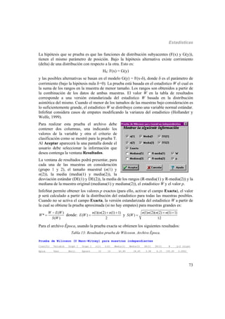 Estadísticas
73
La hipótesis que se prueba es que las funciones de distribución subyacentes (F(x) y G(y)),
tienen el mismo parámetro de posición. Bajo la hipótesis alternativa existe corrimiento
(delta) de una distribución con respecto a la otra. Esto es:
H0: F(x) = G(y)
y las posibles alternativas se basan en el modelo G(y) = F(x-), donde  es el parámetro de
corrimiento (bajo la hipótesis nula =0). La prueba está basada en el estadístico W el cual es
la suma de los rangos en la muestra de menor tamaño. Los rangos son obtenidos a partir de
la combinación de los datos de ambas muestras. El valor W en la tabla de resultados
corresponde a una versión estandarizada del estadístico W basada en la distribución
asintótica del mismo. Cuando el menor de los tamaños de las muestras bajo consideración es
lo suficientemente grande, el estadístico W se distribuye como una variable normal estándar.
InfoStat considera casos de empates modificando la varianza del estadístico (Hollander y
Wolfe, 1999).
Para realizar esta prueba el archivo debe
contener dos columnas, una indicando los
valores de la variable y otra el criterio de
clasificación como se mostró para la prueba T.
Al Aceptar aparecerá la una pantalla donde el
usuario debe seleccionar la información que
desea contenga la ventana Resultados.
La ventana de resultados podrá presentar, para
cada una de las muestras en consideración
(grupo 1 y 2), el tamaño muestral (n(1) y
n(2)), la media (media(1) y media(2)), la
desviación estándar (DE(1) y DE(2)), la media de los rangos (R-media(1) y R-media(2)) y la
mediana de la muestra original (mediana(1) y mediana(2)), el estadístico W y el valor p.
InfoStat permite obtener los valores p exactos (para ello, activar el campo Exacta), el valor
p será calculado a partir de la distribución del estadístico para todas las muestras posibles.
Cuando no se activa el campo Exacta, la versión estandarizada del estadístico W a partir de
la cual se obtiene la prueba aproximada (si no hay empates) para muestras grandes es:
( )
*
( )
W E W
W
S W

 donde:
(1)( (2) (1) 1)
( )
2
n n n
E W
 
 y
(1) (2)( (2) (1) 1)
( )
12
n n n n
S W
 

Para el archivo Época, usando la prueba exacta se obtienen los siguientes resultados:
Tabla 13: Resultados prueba de Wilcoxon. Archivo Época.
Prueba de Wilcoxon (U Mann-Witney) para muestras independientes
Clasific Variable Grupo 1 Grupo 2 n(1) n(2) Media(1) Media(2) DS(1) DS(2) W p(2 colas)
Epoca Peso Abril Agosto 10 10 40.89 26.65 3.58 4.15 155.00 0.0002_
 