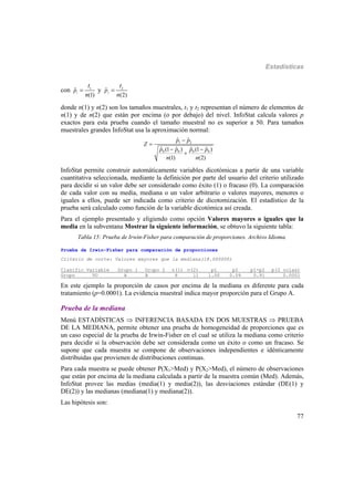 Estadísticas
77
con 1
1
ˆ
(1)
p
t
n
 y 2
2
ˆ
(2)
p
t
n

donde n(1) y n(2) son los tamaños muestrales, t1 y t2 representan el número de elementos de
n(1) y de n(2) que están por encima (o por debajo) del nivel. InfoStat calcula valores p
exactos para esta prueba cuando el tamaño muestral no es superior a 50. Para tamaños
muestrales grandes InfoStat usa la aproximación normal:
1 2
0 0 0 0
ˆ ˆ
ˆ ˆ ˆ ˆ(1 ) (1 )
(1) (2)
p p
Z
p p p p
n n


 

InfoStat permite construir automáticamente variables dicotómicas a partir de una variable
cuantitativa seleccionada, mediante la definición por parte del usuario del criterio utilizado
para decidir si un valor debe ser considerado como éxito (1) o fracaso (0). La comparación
de cada valor con su media, mediana o un valor arbitrario o valores mayores, menores o
iguales a ellos, puede ser indicada como criterio de dicotomización. El estadístico de la
prueba será calculado como función de la variable dicotómica así creada.
Para el ejemplo presentado y eligiendo como opción Valores mayores o iguales que la
media en la subventana Mostrar la siguiente información, se obtuvo la siguiente tabla:
Tabla 15: Prueba de Irwin-Fisher para comparación de proporciones. Archivo Idioma.
Prueba de Irwin-Fisher para comparación de proporciones
Criterio de corte: Valores mayores que la mediana(18.000000)
Clasific Variable Grupo 1 Grupo 2 n(1) n(2) p1 p2 p1-p2 p(2 colas)
Grupo VO A B 8 11 1.00 0.09 0.91 0.0001
En este ejemplo la proporción de casos por encima de la mediana es diferente para cada
tratamiento (p=0.0001). La evidencia muestral indica mayor proporción para el Grupo A.
Prueba de la mediana
Menú ESTADÍSTICAS  INFERENCIA BASADA EN DOS MUESTRAS  PRUEBA
DE LA MEDIANA, permite obtener una prueba de homogeneidad de proporciones que es
un caso especial de la prueba de Irwin-Fisher en el cual se utiliza la mediana como criterio
para decidir si la observación debe ser considerada como un éxito o como un fracaso. Se
supone que cada muestra se compone de observaciones independientes e idénticamente
distribuidas que provienen de distribuciones continuas.
Para cada muestra se puede obtener P(X1>Med) y P(X2>Med), el número de observaciones
que están por encima de la mediana calculada a partir de la muestra común (Med). Además,
InfoStat provee las medias (media(1) y media(2)), las desviaciones estándar (DE(1) y
DE(2)) y las medianas (mediana(1) y mediana(2)).
Las hipótesis son:
 