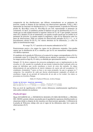 Estadísticas
80
comparación de dos distribuciones, que difieren eventualmente en su parámetro de
posición, cuando se dispone de dos muestras con observaciones apareadas. Si F(.) y G(.)
representan las funciones de distribución de X e Y respectivamente, la prueba de Wilcoxon
prueba H0: F(x)=G(y) versus H1: F(x)=G(y-) con 0, representando el parámetro de
corrimiento. Es decir, el estadístico prueba la hipótesis de que las distribuciones de X e Y,
siendo que en cada unidad muestral se registran valores de X y de Y (por ejemplo, reacción
antes (X) y después (Y) de un tratamiento), son iguales excepto quizás por un cambio en el
parámetro de posición. La prueba emplea la magnitud y signo de las diferencias entre los
pares de observaciones. Dado un conjunto de observaciones pareadas (Xi,Yi); i=1,...,n, el
procedimiento calcula Di=(Xi-Yi), los valores absolutos de las diferencias, y a ellos les
aplica la transformación rango.
Ri=rango Xi–Yi =posición en la muestra ordenada de los Di 
Posteriormente asocia a los rangos los signos de las diferencias originales. Esta prueba
supone que la distribución de Di es simétrica, que los Di son mutuamente independientes
con idéntica esperanza.
El estadístico de la prueba de Wilcoxon es la suma de los rangos correspondientes a Di>0 y
es denotado como T(+)=Suma R(+). InfoStat provee además la esperanza y la varianza de
los rangos positivos bajo H0. El valor p es obtenido por aproximación normal.
Ejemplo 10: Se desea comparar dos proyectos pedagógicos que se implementarán en dos
escuelas (A y B), usando los resultados de una misma evaluación final realizada sobre un
grupo de individuos que recibe enseñanza a través de estos dos métodos. Se eligen
aleatoriamente de una población de interés (alumnos de cuarto año del secundario), 14
estudiantes, formándose 7 pares en base a sus notas promedio, las que se agrupan en 7
categorías. Los miembros de cada par fueron aleatoriamente asignados al método de
enseñanza. Luego de un periodo de instrucción de un año se los evaluó. Los datos se
presentan en el archivo Puntaje.
Tabla 18: Prueba de Wilcoxon. Archivo Puntaje.
Prueba de Wilcoxon (muestras apareadas)
Obs(1) Obs(2) N Suma(R+) E(R+) Var(R+) Bt p(2 colas)
Esc. A Esc. B 7 27.00 14.00 34.63 0.0460
Para un nivel de significación =0.05, existen diferencias estadísticamente significativas
entre ambos métodos de enseñanza.
Prueba del signo
Menú ESTADÍSTICAS  INFERENCIA BASADA EN DOS MUESTRAS  PRUEBA
DEL SIGNO, permite obtener una prueba para la igualdad de esperanzas distribucionales en
situaciones donde se dispone de dos muestras con observaciones apareadas. A diferencia de
la prueba de Wilcoxon, trabaja sólo con el signo de las diferencias entre los n pares de
observaciones (X,Y):
 