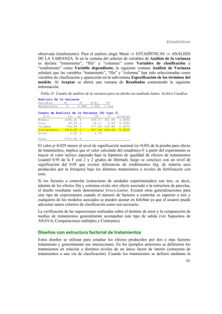 Estadísticas
91
observada (rendimiento). Para el análisis elegir Menú  ESTADÍSTICAS  ANÁLISIS
DE LA VARIANZA. Si en la ventana del selector de variables de Análisis de la varianza
se declara “tratamiento”, “fila” y “columna” como Variables de clasificación y
“rendimiento” como Variable dependiente, la siguiente ventana Análisis de Varianza
señalará que las variables “tratamiento”, “fila” y “columna” han sido seleccionadas como
variables de clasificación y aparecerán en la subventana Especificación de los términos del
modelo. Al Aceptar se abrirá una ventana de Resultados conteniendo la siguiente
información:
Tabla 23: Cuadro de análisis de la varianza para un diseño en cuadrado latino. Archivo CuadLat.
Análisis de la varianza
Variable N R² R²Aj CV
Rendimiento 9 0.998 0.992 1.364
Cuadro de Análisis de la Varianza (SC tipo I)
F.V. SC gl CM F p-valor
Modelo 2698.00 6 449.67 161.88 0.0062
Fila 28.22 2 14.11 5.08 0.1645
Columna 754.89 2 377.44 135.88 0.0073
Tratamiento 1914.89 2 957.44 344.68 0.0029
Error 5.56 2 2.78
Total 2703.56 8 _______
El valor p=0.029 menor al nivel de significación nominal (=0.05) de la prueba para efecto
de tratamientos, implica que el valor calculado del estadístico F a partir del experimento es
mayor al valor teórico esperado bajo la hipótesis de igualdad de efectos de tratamientos
(cuantil 0.95 de la F con 2 y 2 grados de libertad), luego se concluye con un nivel de
significación del 0.05 que existen diferencias de rendimientos (kg. de materia seca
producidos por la forrajera) bajo los distintos tratamientos o niveles de fertilización con
urea.
Si los factores a controlar (estructuras de unidades experimentales) son tres, es decir,
además de los efectos fila y columna existe otro efecto asociado a la estructura de parcelas,
el diseño resultante suele denominarse Greco-Latino. Existen otras generalizaciones para
este tipo de experimentos cuando el número de factores a controlar es superior a tres y
cualquiera de los modelos asociados se pueden ajustar en InfoStat ya que el usuario puede
adicionar tantos criterios de clasificación como sea necesario.
La verificación de las suposiciones realizadas sobre el término de error y la comparación de
medias de tratamientos generalmente acompañan este tipo de salida (ver Supuestos de
ANAVA, Comparaciones múltiples y Contrastes).
Diseños con estructura factorial de tratamientos
Estos diseños se utilizan para estudiar los efectos producidos por dos o más factores
tratamiento y generalmente sus interacciones. En los ejemplos anteriores se definieron los
tratamientos en relación a distintos niveles de un único factor de interés (estructura de
tratamientos a una vía de clasificación). Cuando los tratamientos se definen mediante la
 